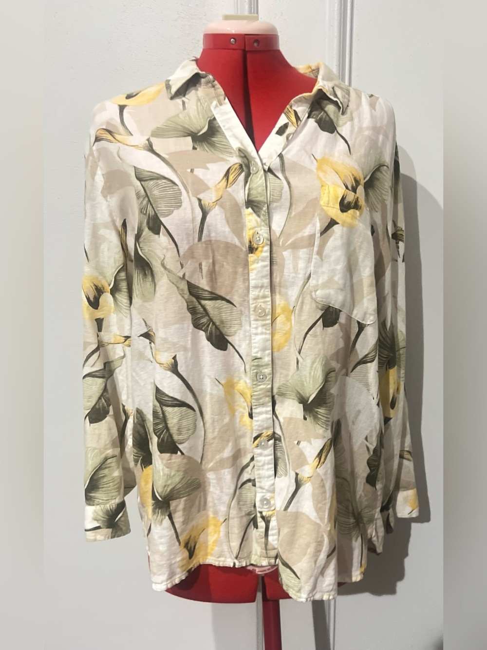 Chico’s Linen Blend Women’s Floral Button-Front Blouse - Yellow & Green size 16